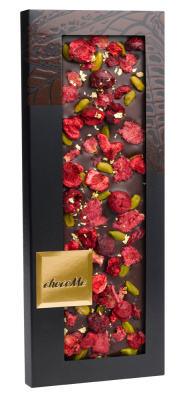 Горький шоколад ChocoMe V105, 23-x каратные золотые хлопья, фисташки Бронте, кусочки вишни, лепестки розы,110 г Горький шоколад ChocoMe V105, 23-x каратные золотые хлопья, фисташки Бронте, кусочки вишни, лепестки розы,110 г